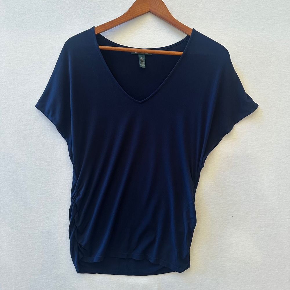 Lauren Ralph Lauren Navy Blue V-Neck Side Ruched Short Sleeve Jersey Top Medium